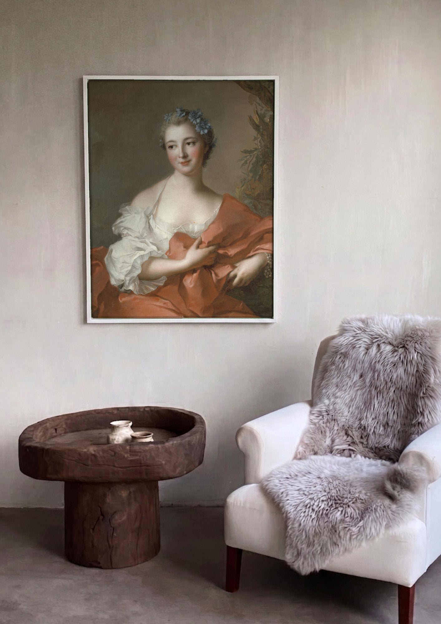 Quadro Decorativo Retrato de Dama com Flores Azuis - Jean Marc Nattier em ambiente decorado
