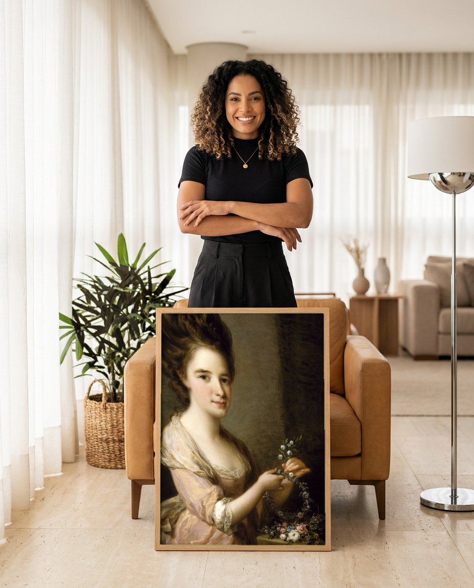 Quadro Decorativo Retrato de Dama com Flores - Angelica Kauffmann com modelo em ambiente