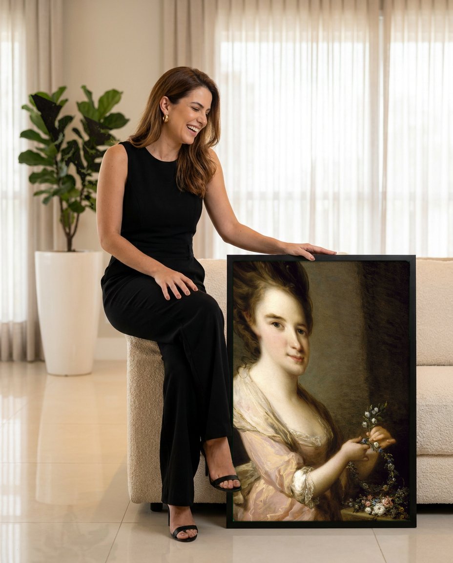 Quadro Decorativo Retrato de Dama com Flores - Angelica Kauffmann com modelo em ambiente