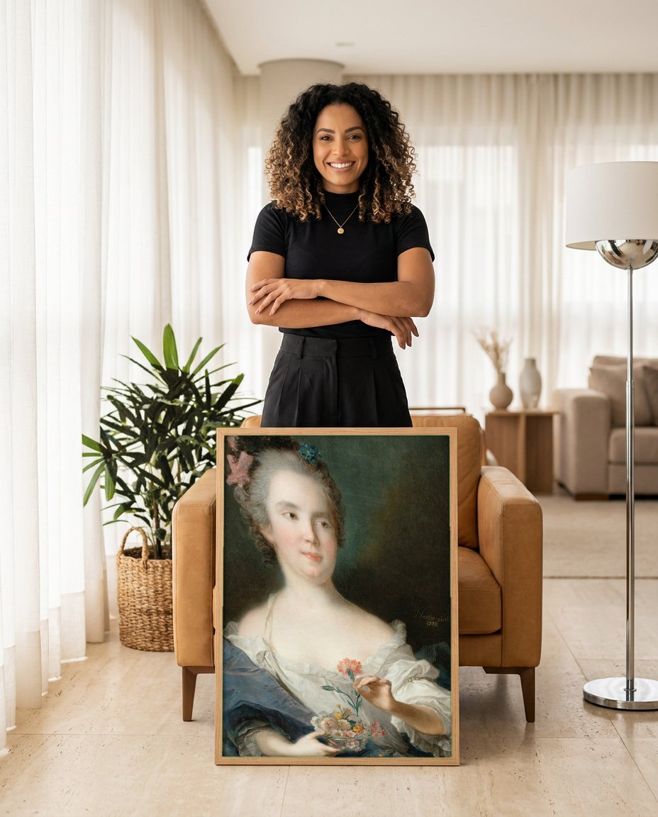 Quadro Decorativo Retrato de Dama com Flores - Jean-Marc Nattier com modelo em ambiente