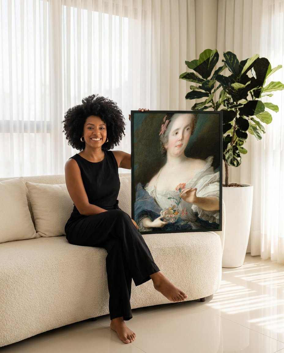 Quadro Decorativo Retrato de Dama com Flores - Jean-Marc Nattier com modelo em ambiente