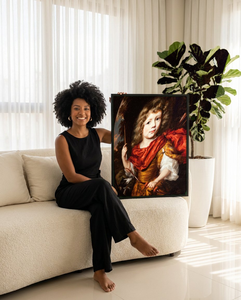 Quadro Decorativo Criança com Arco e Flecha - Nicolaes Maes com modelo em ambiente