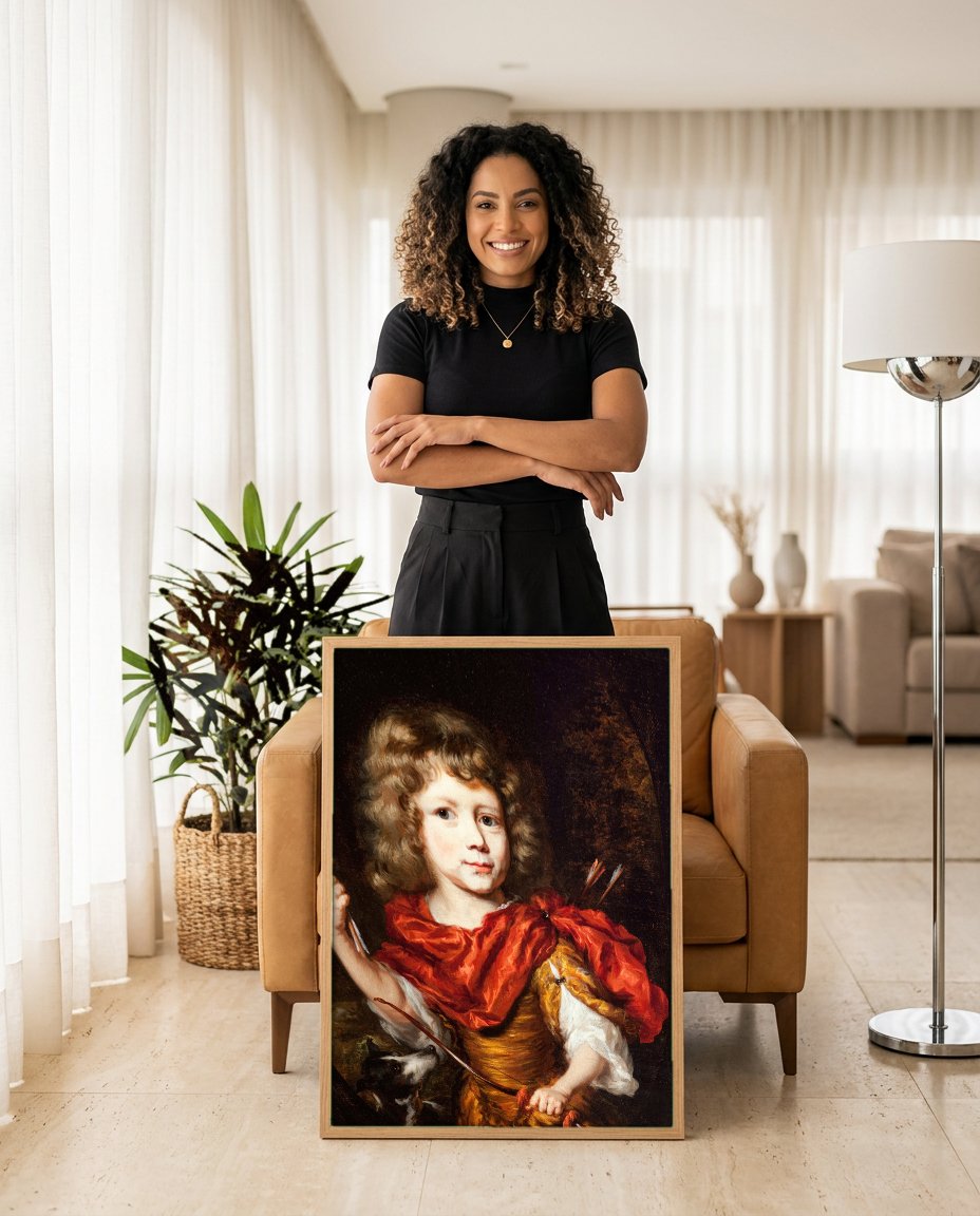 Quadro Decorativo Criança com Arco e Flecha - Nicolaes Maes com modelo em ambiente