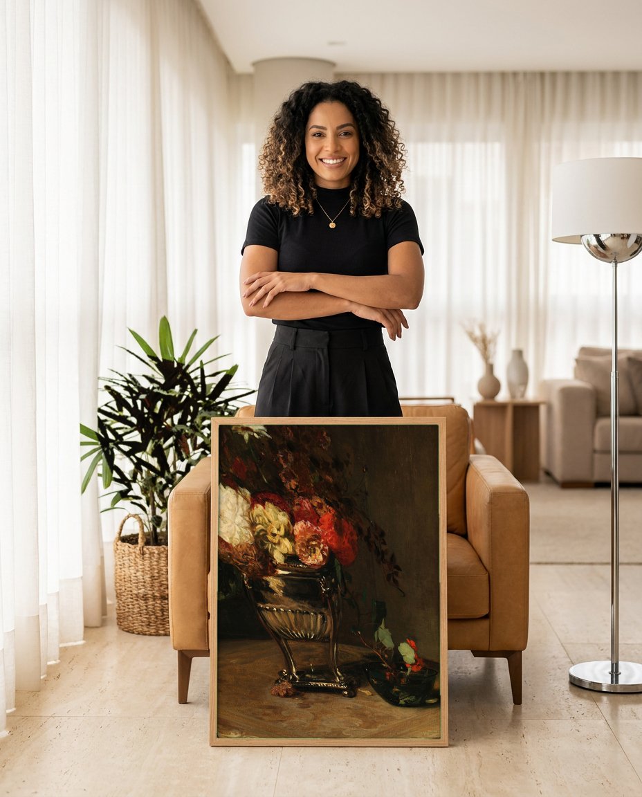 Quadro Decorativo Natureza-Morta com Flores - Jacques Émile Blanche com modelo em ambiente