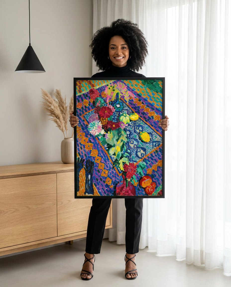 Quadro Decorativo Natureza-Morta com Flores - Robert Delaunay com modelo em ambiente