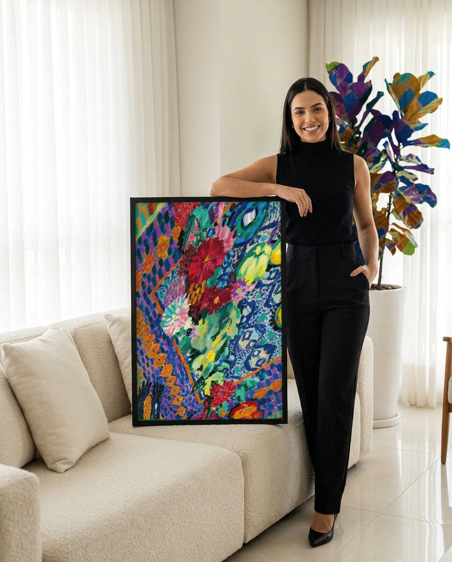 Quadro Decorativo Natureza-Morta com Flores - Robert Delaunay com modelo em ambiente