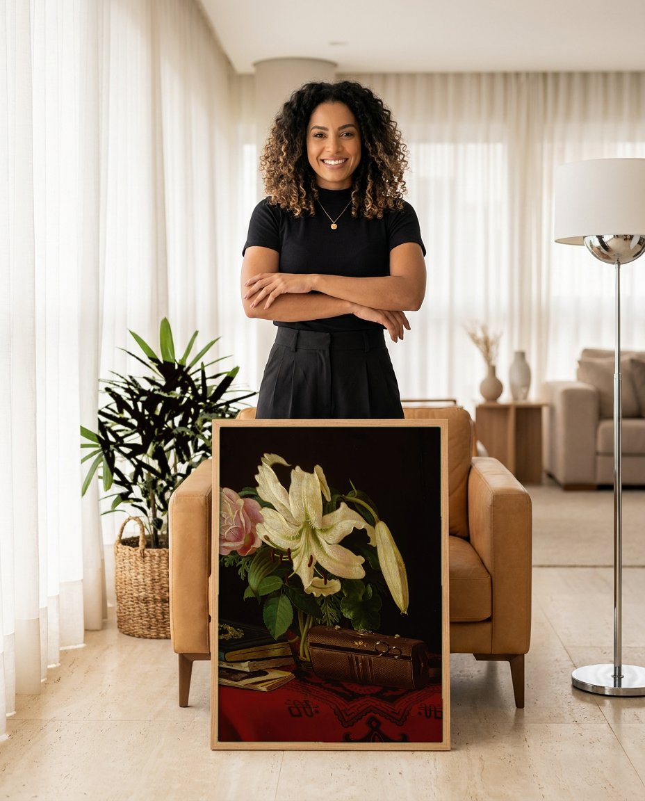 Quadro Decorativo Natureza-morta com Flores e Objetos - Ferdinand von Wright com modelo em ambiente