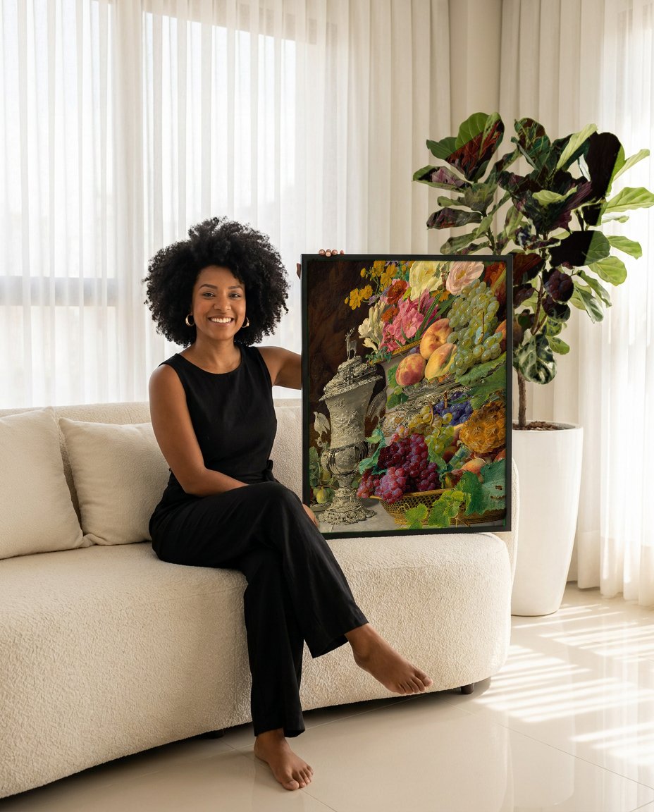 Quadro Decorativo Natureza-Morta com Flores e Frutas - Waldmüller com modelo em ambiente