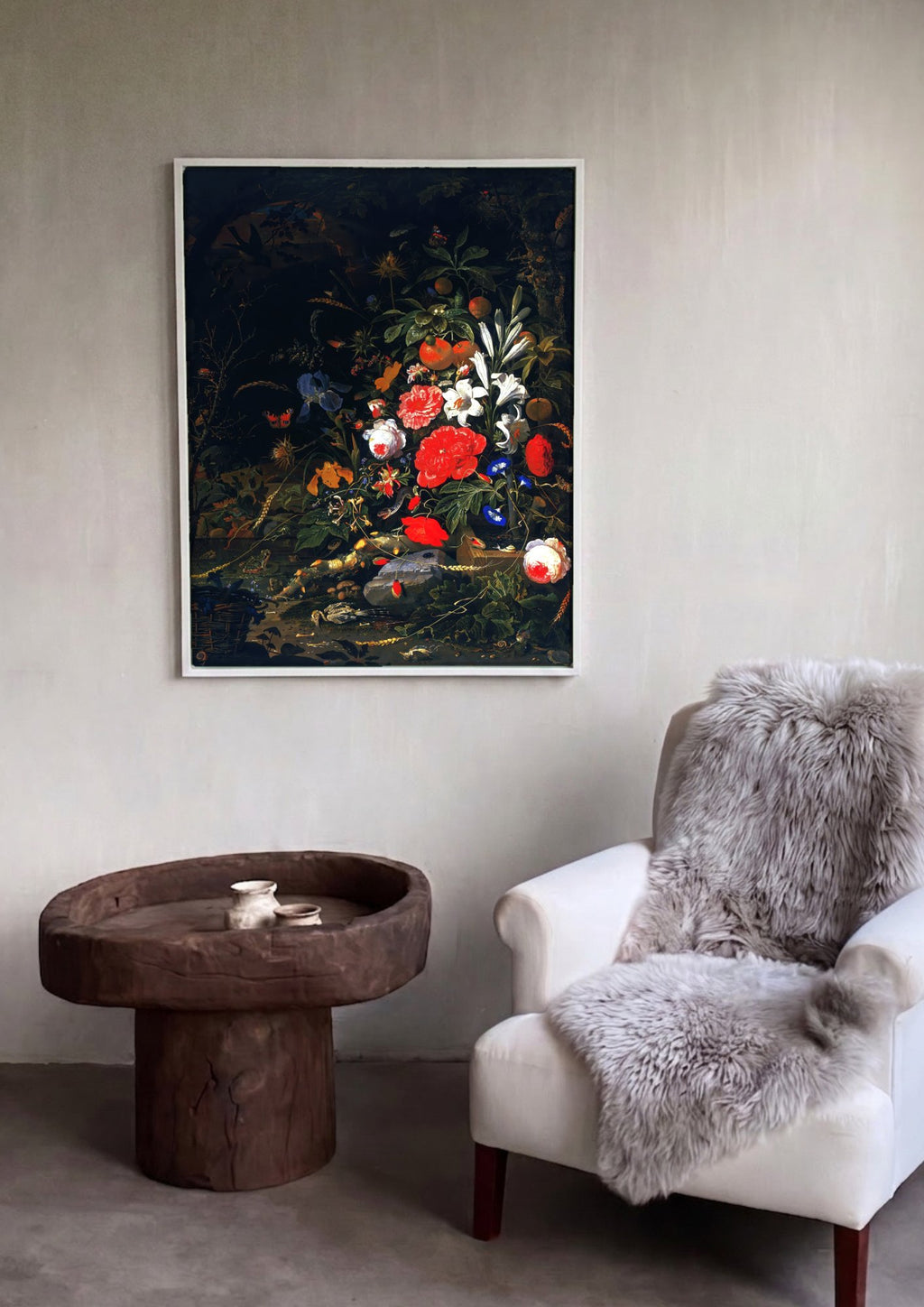 Quadro Decorativo Natureza-Morta com Flores e Frutas - Abraham Mignon em ambiente decorado