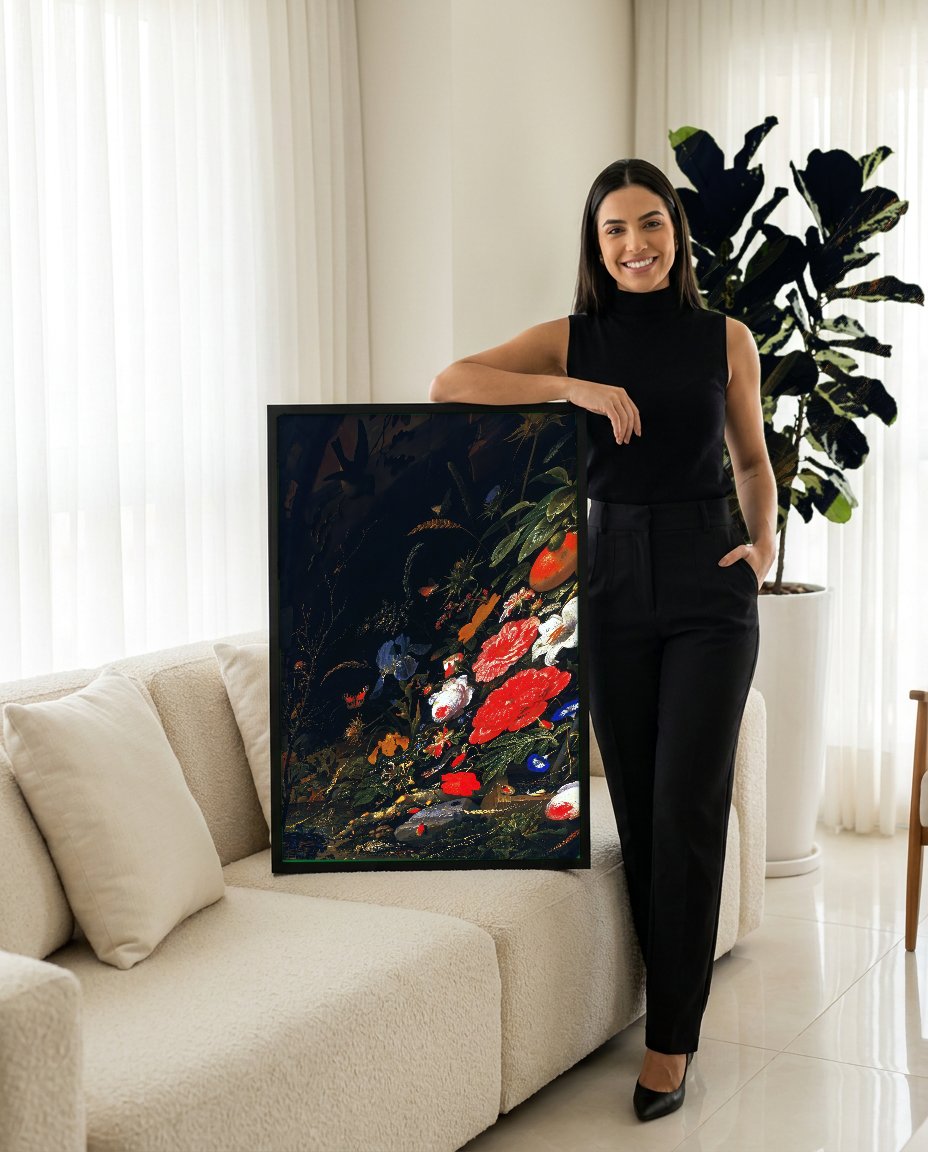 Quadro Decorativo Natureza-Morta com Flores e Frutas - Abraham Mignon com modelo em ambiente