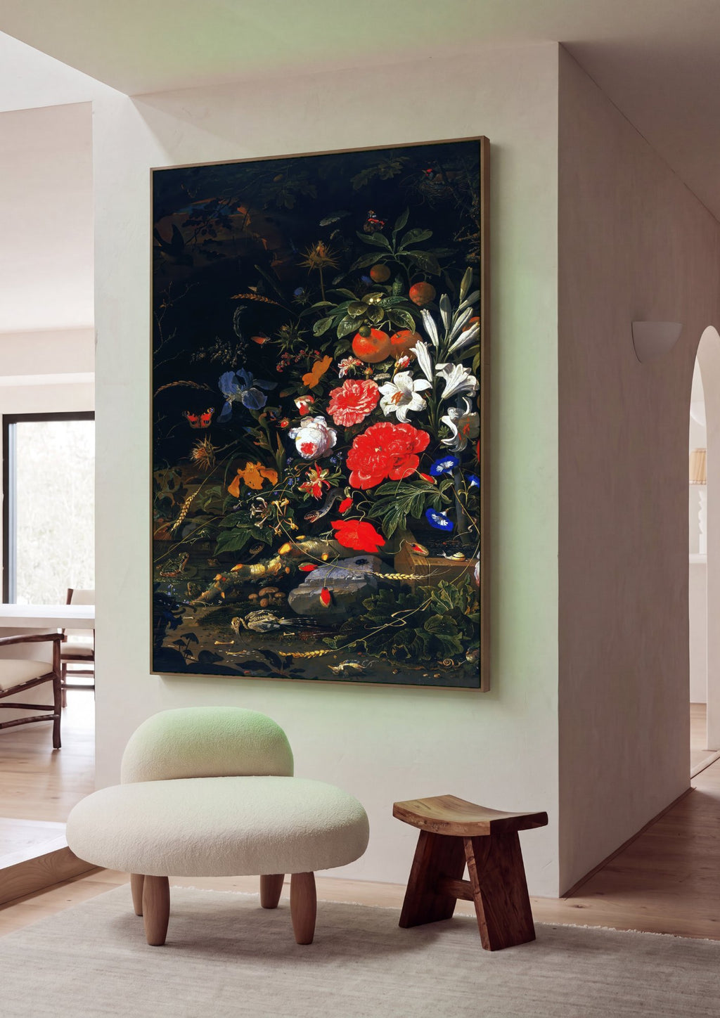 Quadro Decorativo Natureza-Morta com Flores e Frutas - Abraham Mignon em ambiente decorado