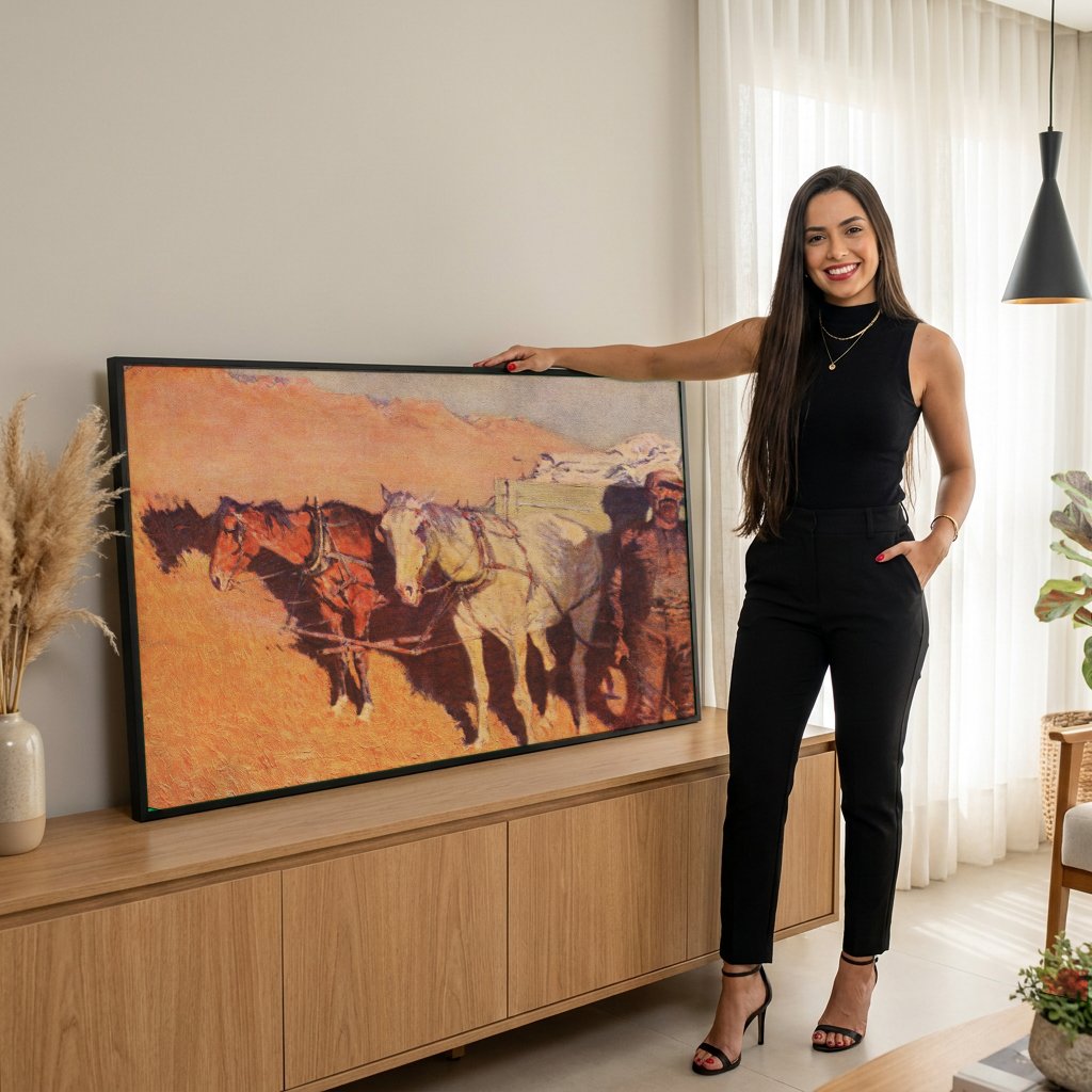 Quadro Decorativo A Caravana do Oeste - Frederic Remington com modelo em ambiente