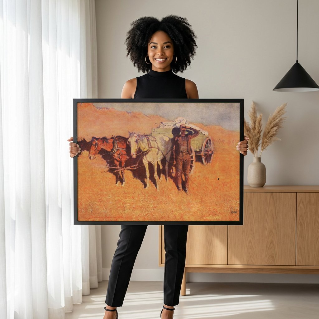 Quadro Decorativo A Caravana do Oeste - Frederic Remington com modelo em ambiente