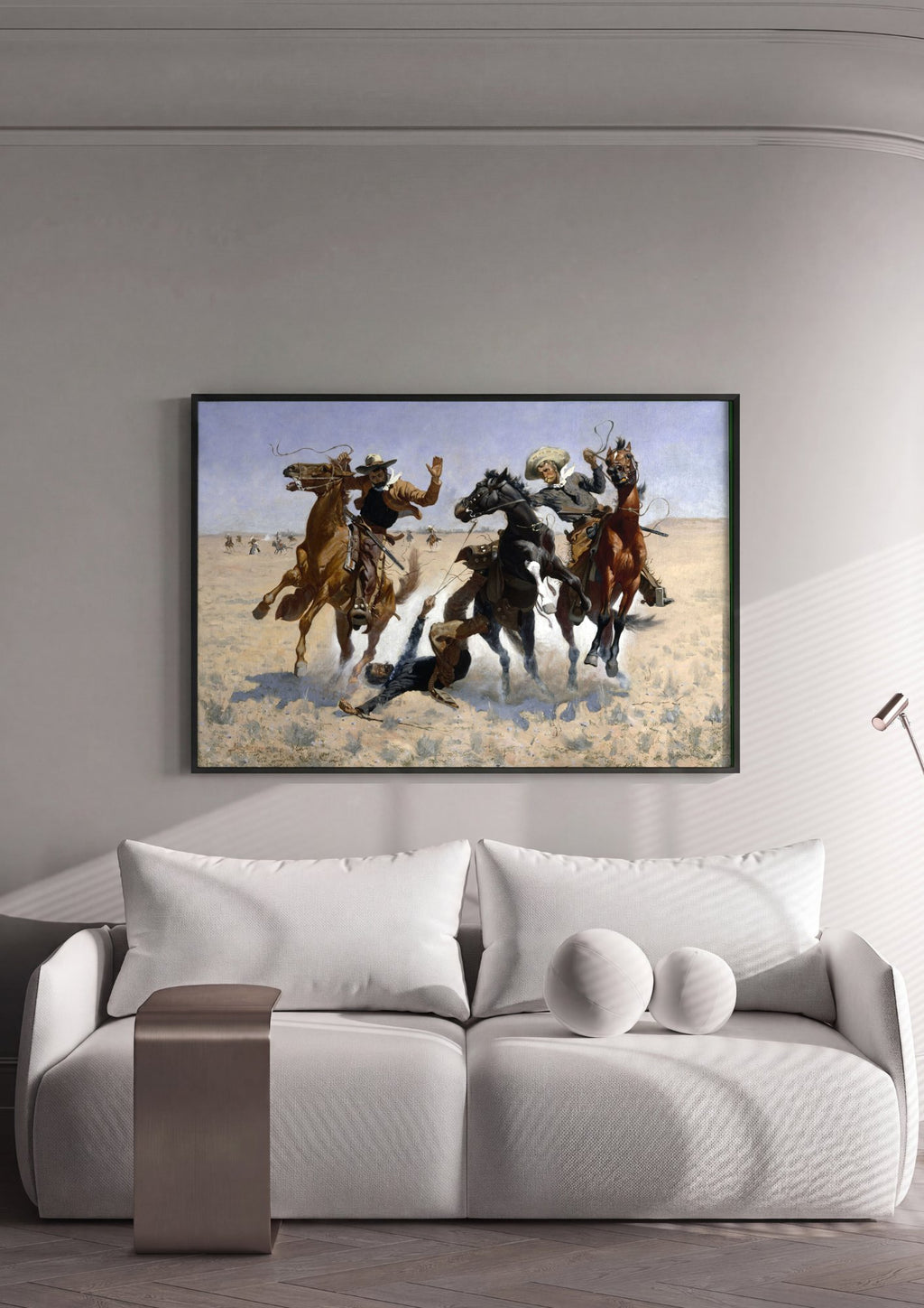 Quadro Decorativo A Queda do Vaqueiro - Frederic Remington em ambiente decorado