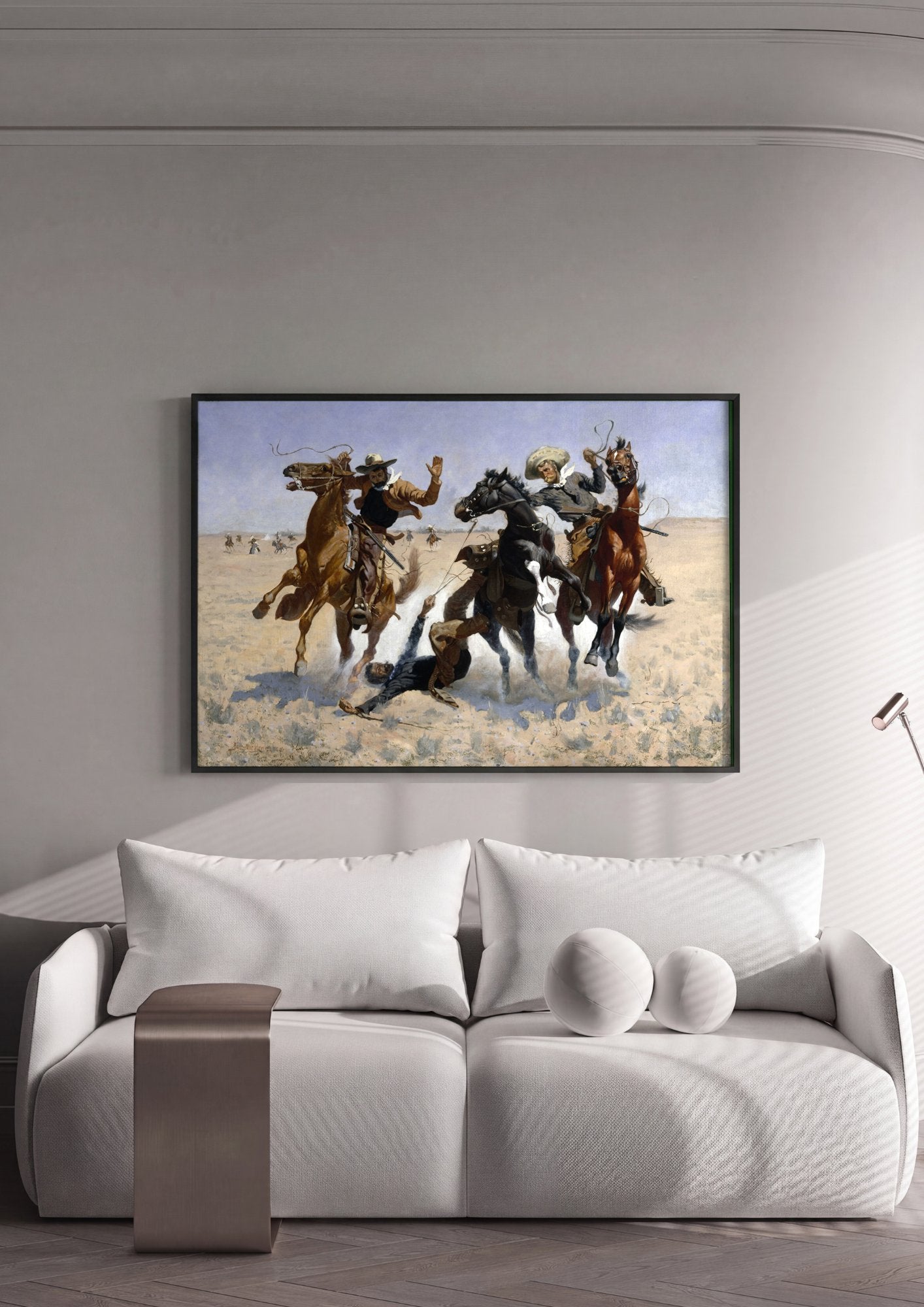 Quadro Decorativo A Queda do Vaqueiro - Frederic Remington em ambiente decorado