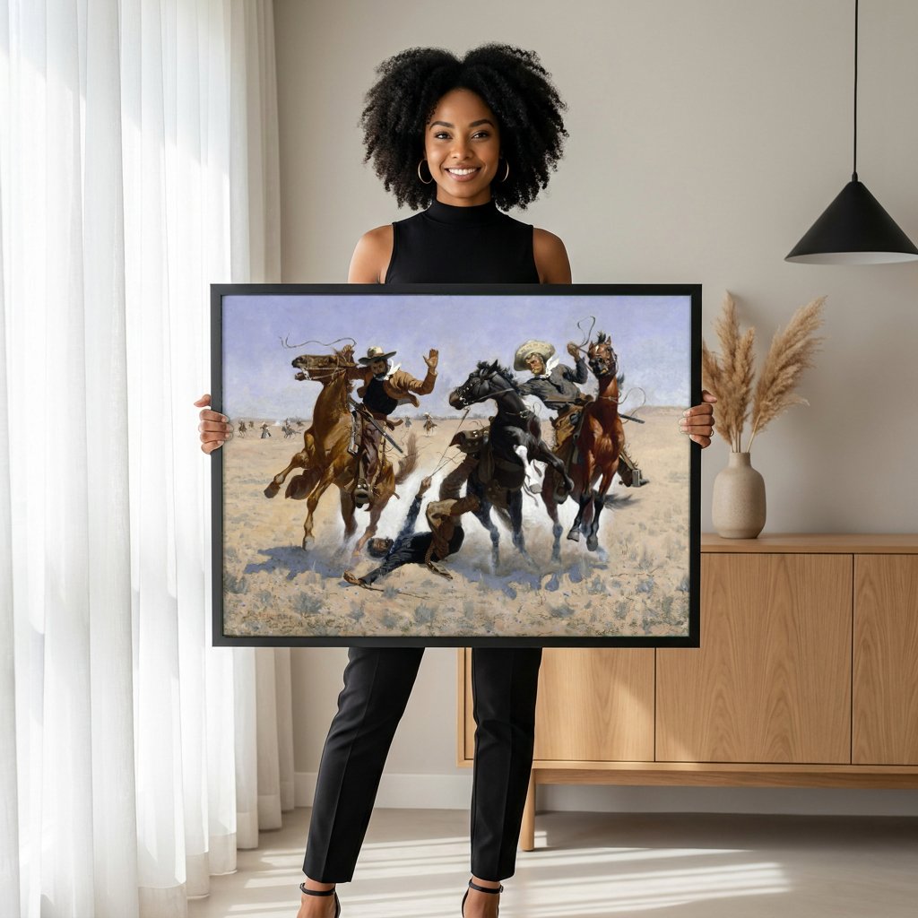 Quadro Decorativo A Queda do Vaqueiro - Frederic Remington com modelo em ambiente