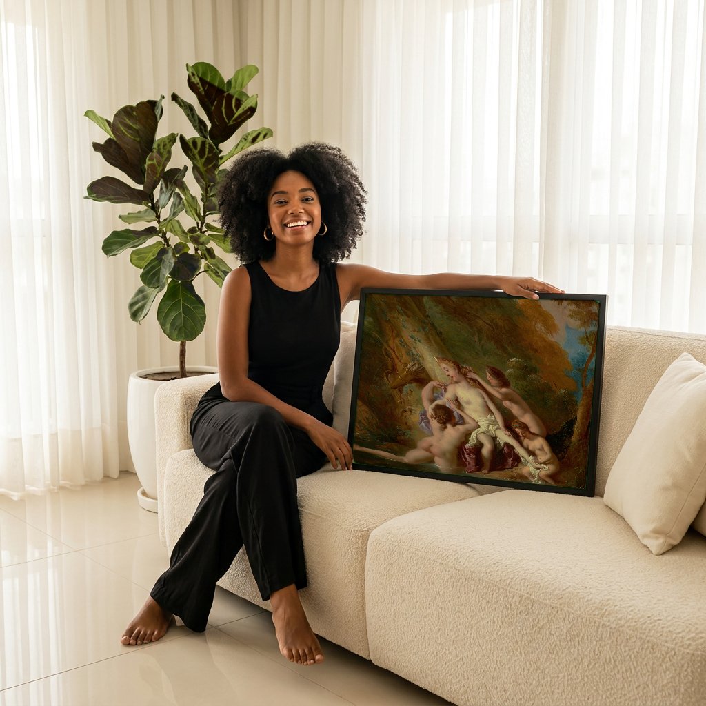 Quadro Decorativo Banho de Diana - Jean François de Troy com modelo em ambiente