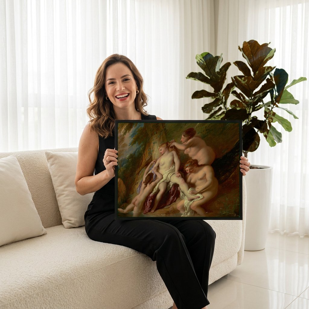 Quadro Decorativo Banho de Diana - Jean François de Troy com modelo em ambiente