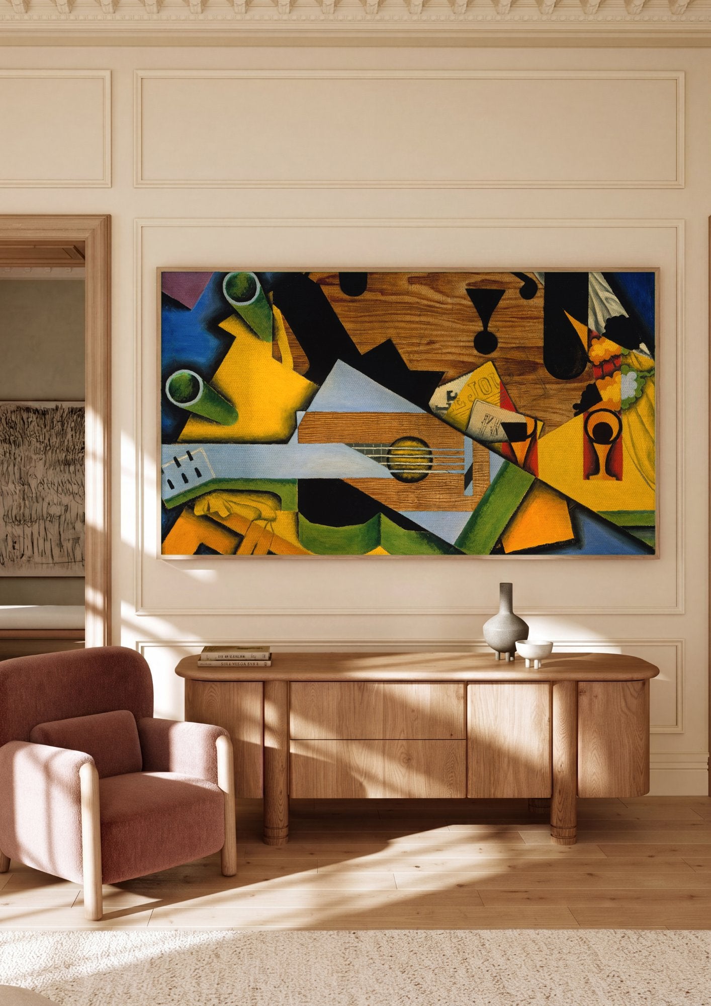 Quadro Decorativo Guitarra e Cesto de Frutas - Juan Gris em ambiente decorado