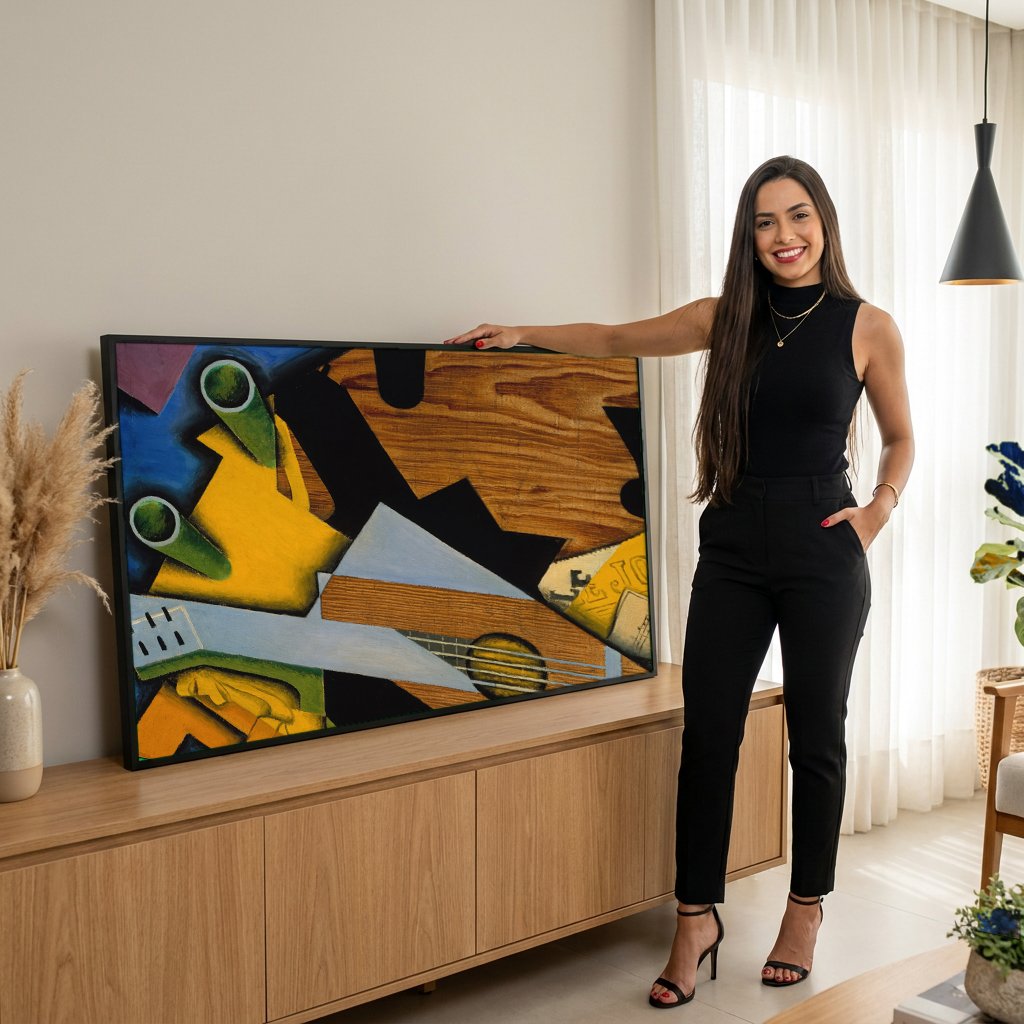 Quadro Decorativo Guitarra e Cesto de Frutas - Juan Gris com modelo em ambiente