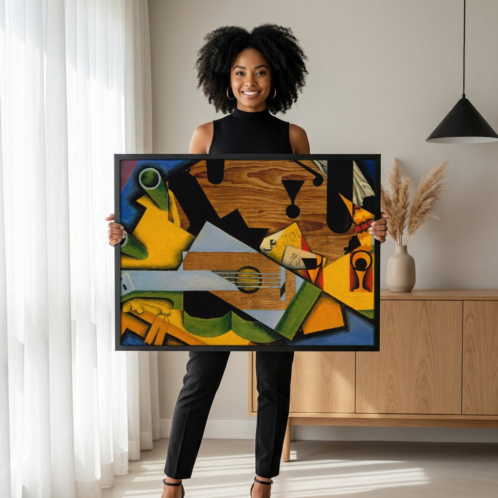 Quadro Decorativo Guitarra e Cesto de Frutas - Juan Gris com modelo em ambiente