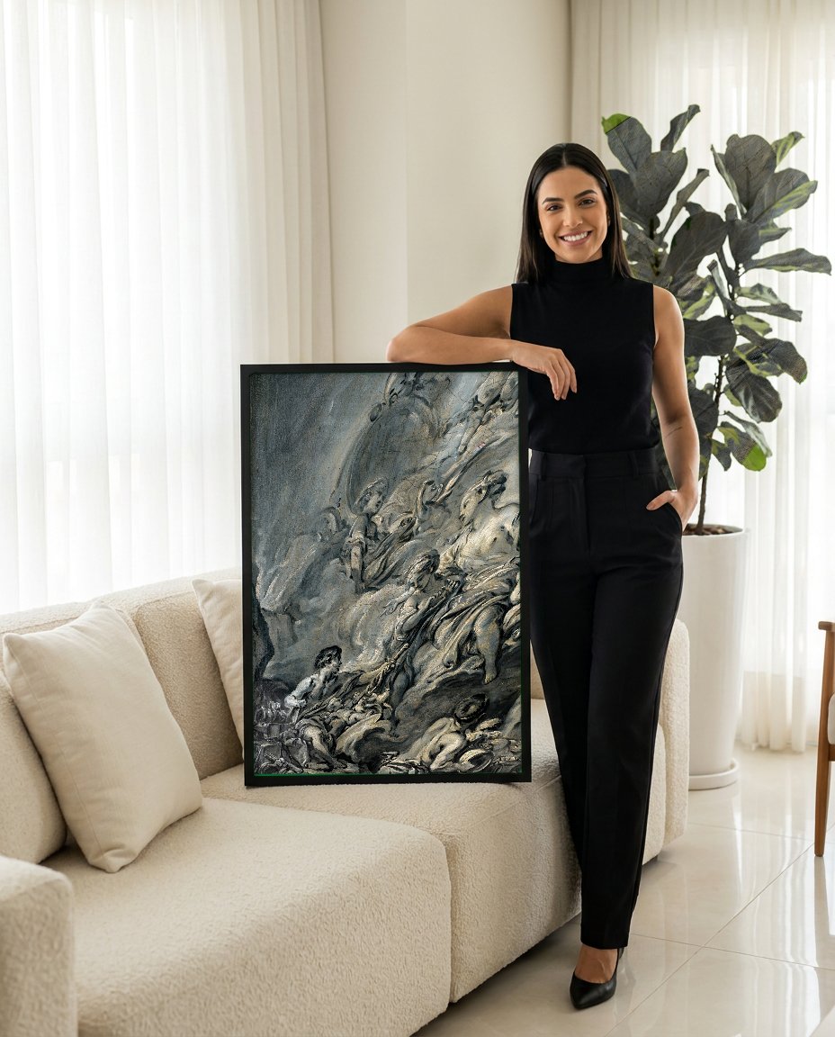 Quadro Decorativo A Forja de Vulcano - François Boucher com modelo em ambiente