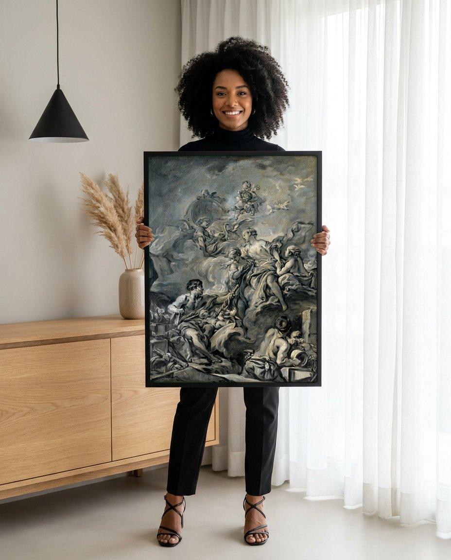 Quadro Decorativo A Forja de Vulcano - François Boucher com modelo em ambiente