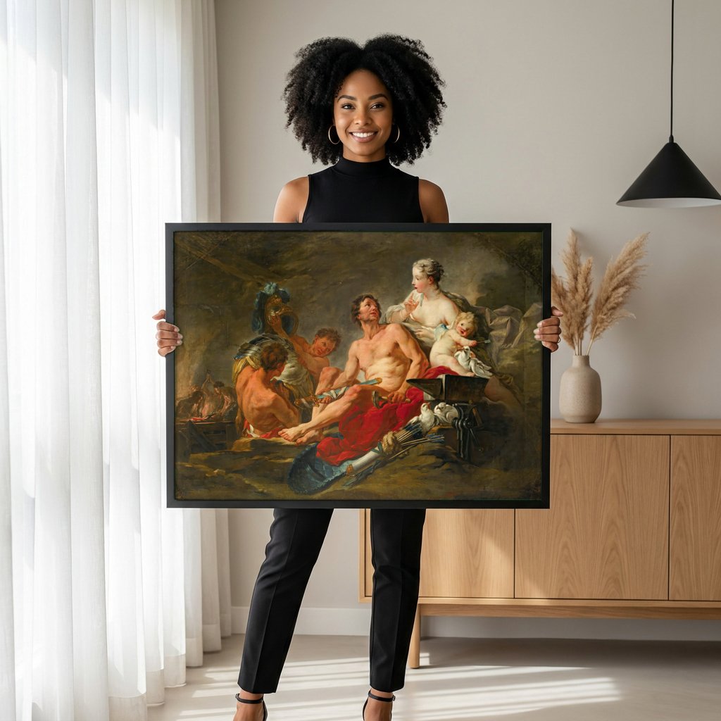 Quadro Decorativo A Forja de Vulcano - François Boucher com modelo em ambiente