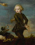 Pintura a óleo de Francesco Guardi, 'O Menino com o Passarinho', mostrando um menino de cabelos loiros e roupa verde escura segurando um barbante vermelho que prende um pássaro dourado no alto. Um coelho branco está no canto inferior esquerdo.