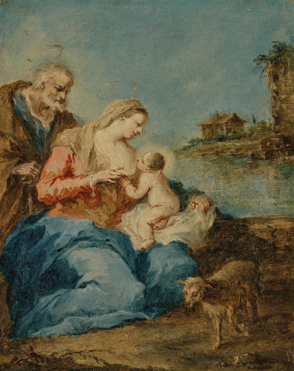 Quadro decorativo da Sagrada Família de Francesco Guardi, retratando Maria amamentando Jesus, São José observando e um cordeiro ao lado, com paisagem ao fundo.