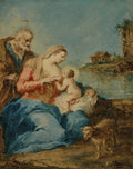 Quadro decorativo da Sagrada Família de Francesco Guardi, retratando Maria amamentando Jesus, São José observando e um cordeiro ao lado, com paisagem ao fundo.