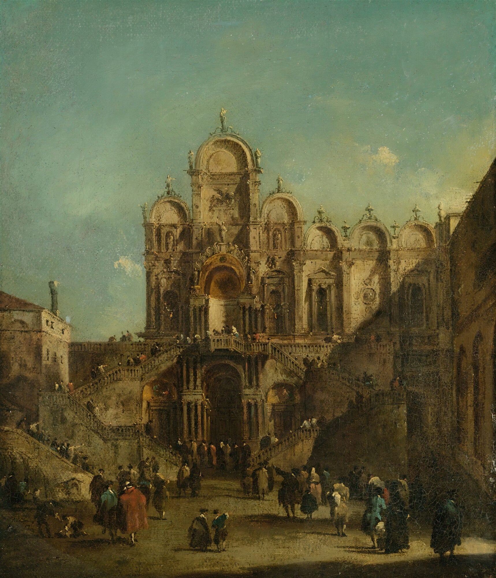 Pintura a óleo atribuída a Francesco Guardi, retratando uma praça veneziana com uma grande construção barroca, escadarias e figuras humanas em movimento. O céu é azul-esverdeado e a luz incide sobre a arquitetura.