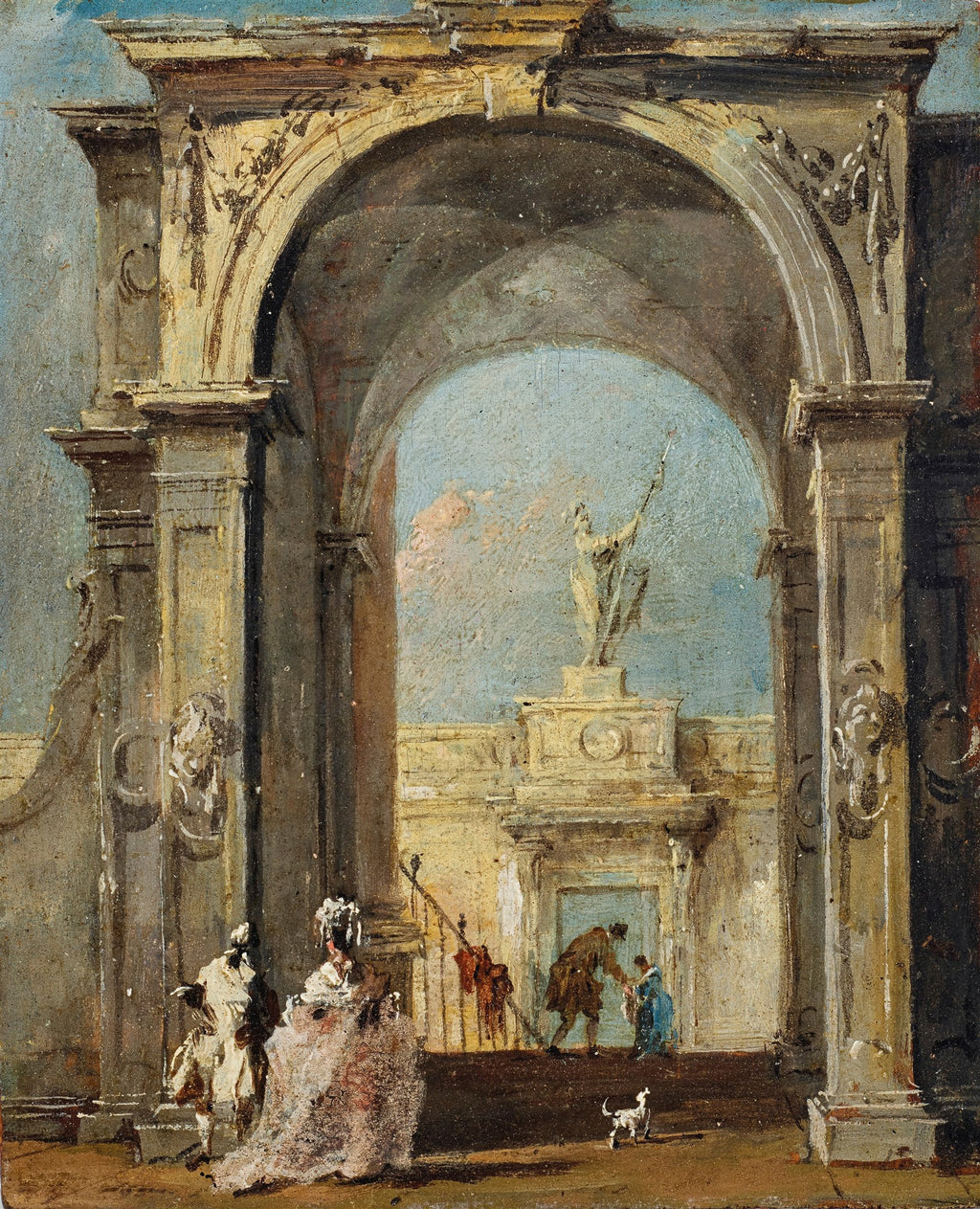 Pintura a óleo de ruínas clássicas, apresentando um grande arco central com figuras em primeiro plano. O estilo é solto e atmosférico, com tons terrosos e azulados.