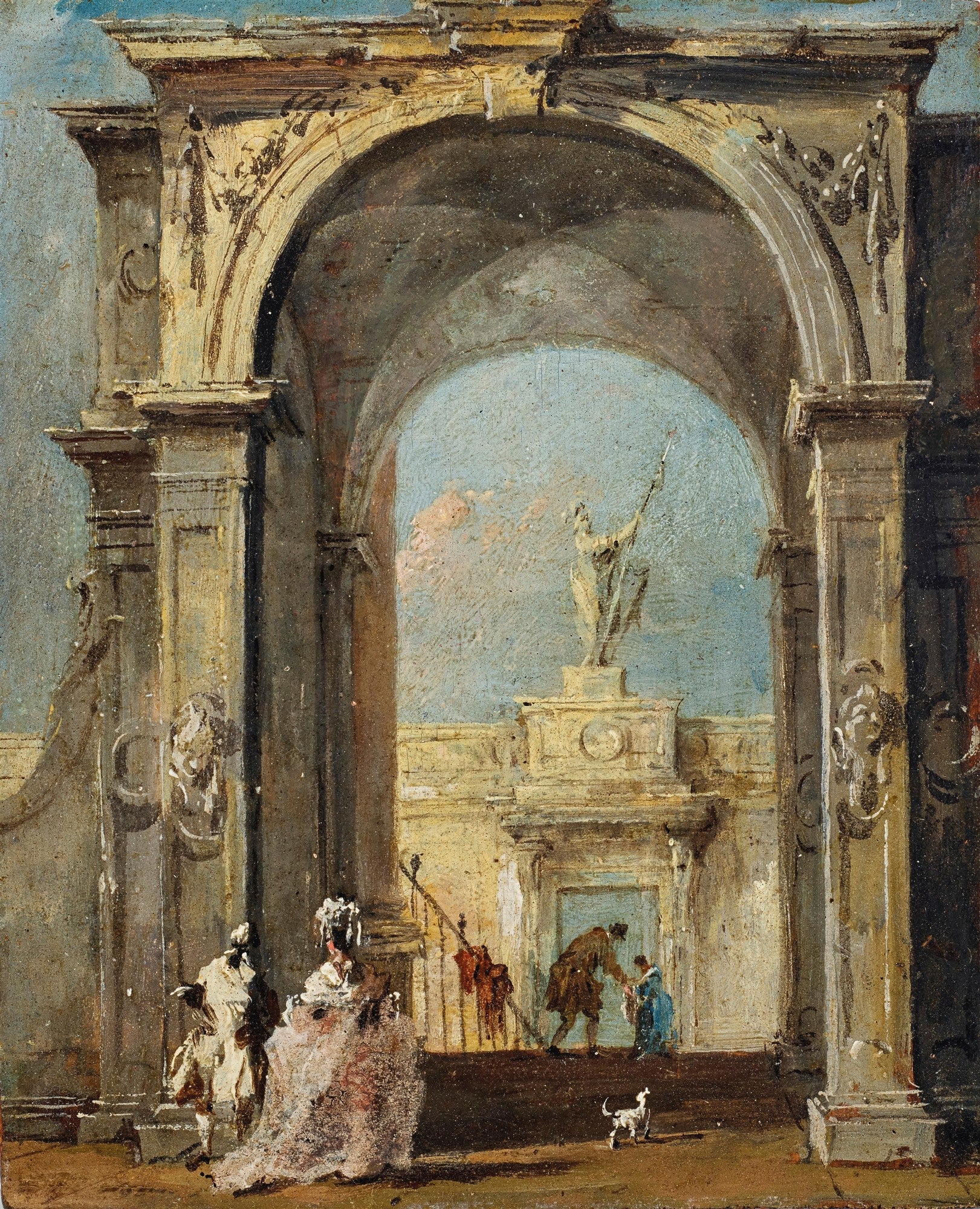 Pintura a óleo de ruínas clássicas, apresentando um grande arco central com figuras em primeiro plano. O estilo é solto e atmosférico, com tons terrosos e azulados.