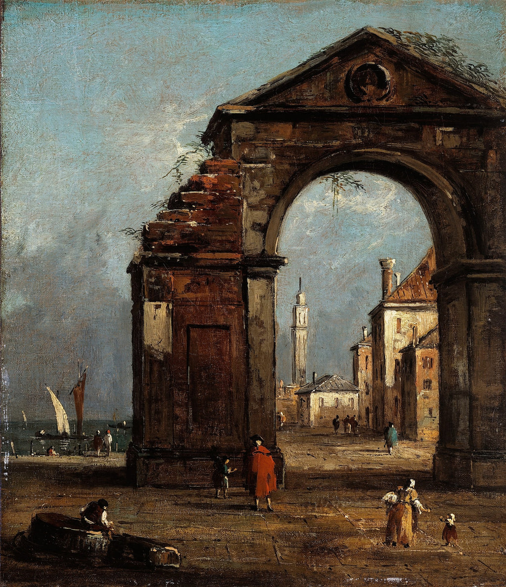 Quadro decorativo mostrando um grande arco em ruínas em primeiro plano. Através do arco, vislumbra-se uma paisagem veneziana com edifícios, uma torre sineira distante e uma lagoa com barcos e figuras humanas. A paleta é predominantemente em tons terrosos e azul-acinzentado.