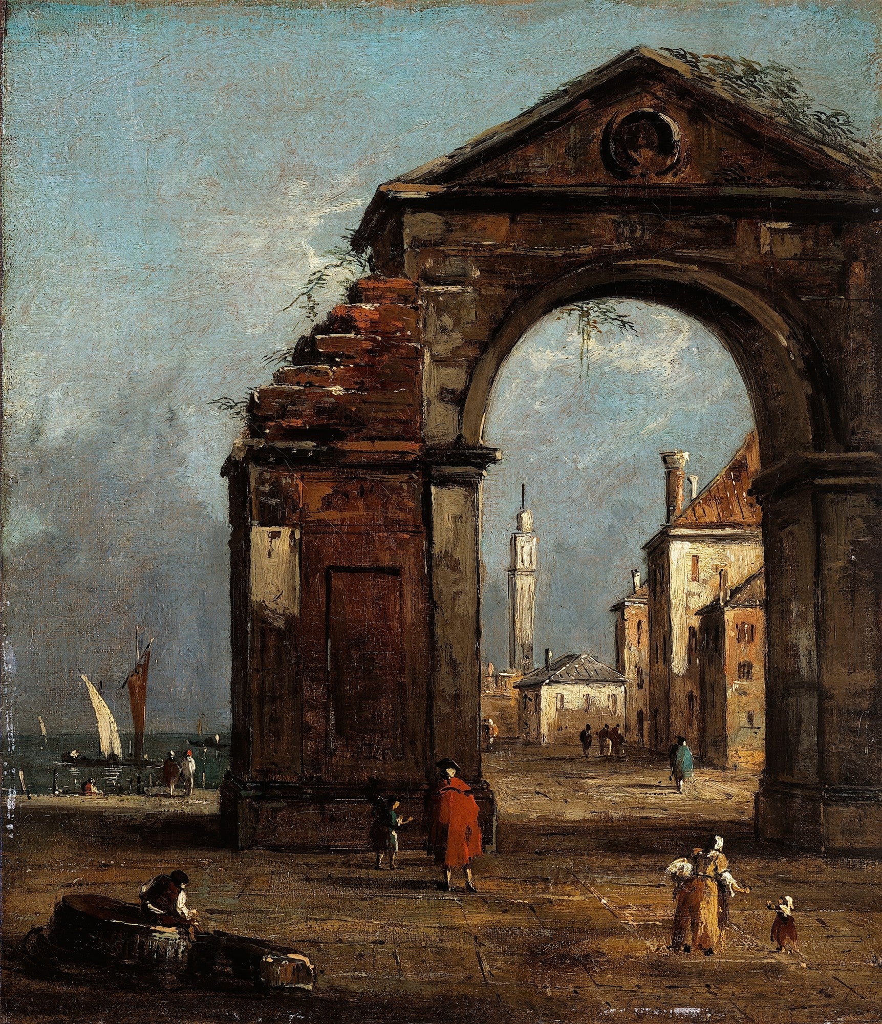Quadro decorativo mostrando um grande arco em ruínas em primeiro plano. Através do arco, vislumbra-se uma paisagem veneziana com edifícios, uma torre sineira distante e uma lagoa com barcos e figuras humanas. A paleta é predominantemente em tons terrosos e azul-acinzentado.
