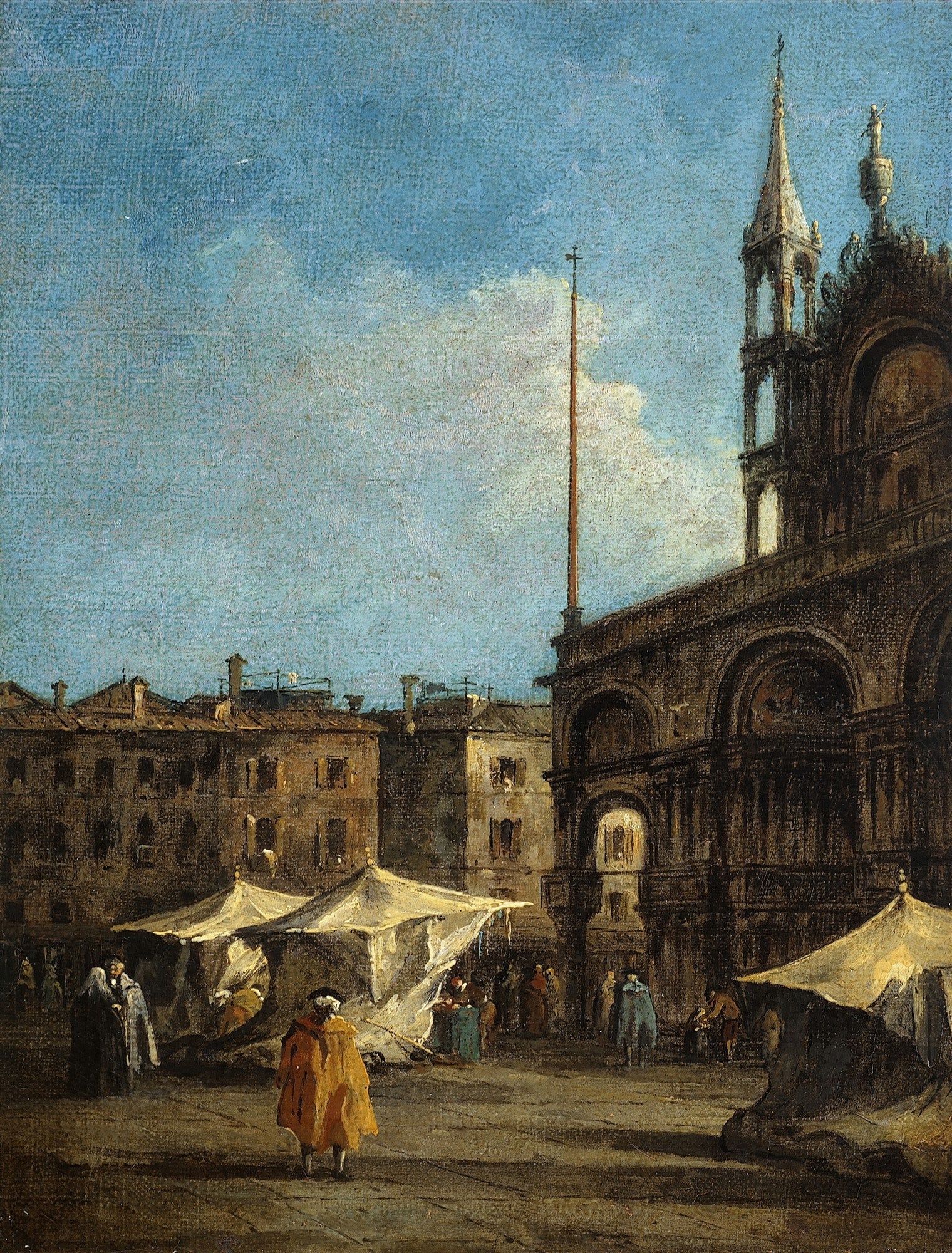 Quadro decorativo mostrando uma cena de mercado em uma praça veneziana com tendas e edifícios grandiosos, sob um céu azul com nuvens, com figuras caminhando e interagindo, pintado por Francesco Guardi.