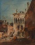 Pintura a óleo de Francesco Guardi retratando um pátio veneziano movimentado com edifícios antigos em tons terrosos, figuras em atividades cotidianas e um céu azul acinzentado.