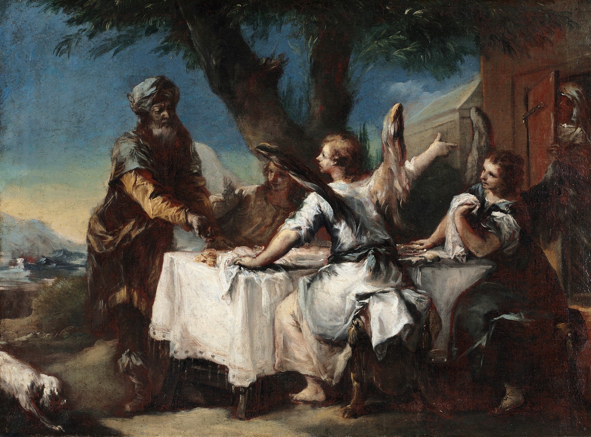 Pintura a óleo de Francesco Guardi, A Chegada dos Anjos, representando figuras bíblicas sentadas à mesa, interagindo com anjos, sob uma árvore em um cenário paisagístico.