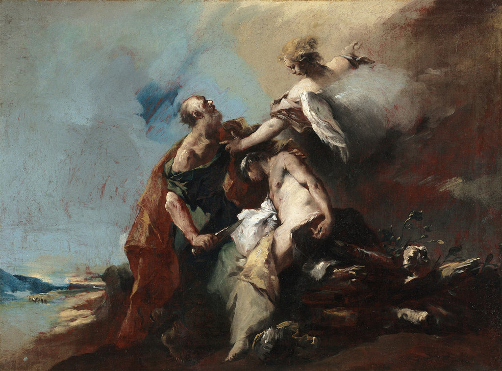 Pintura a óleo de Francesco Guardi mostrando o Sacrifício de Isaac, com Abraão segurando uma faca e um anjo intervindo para salvar Isaac.