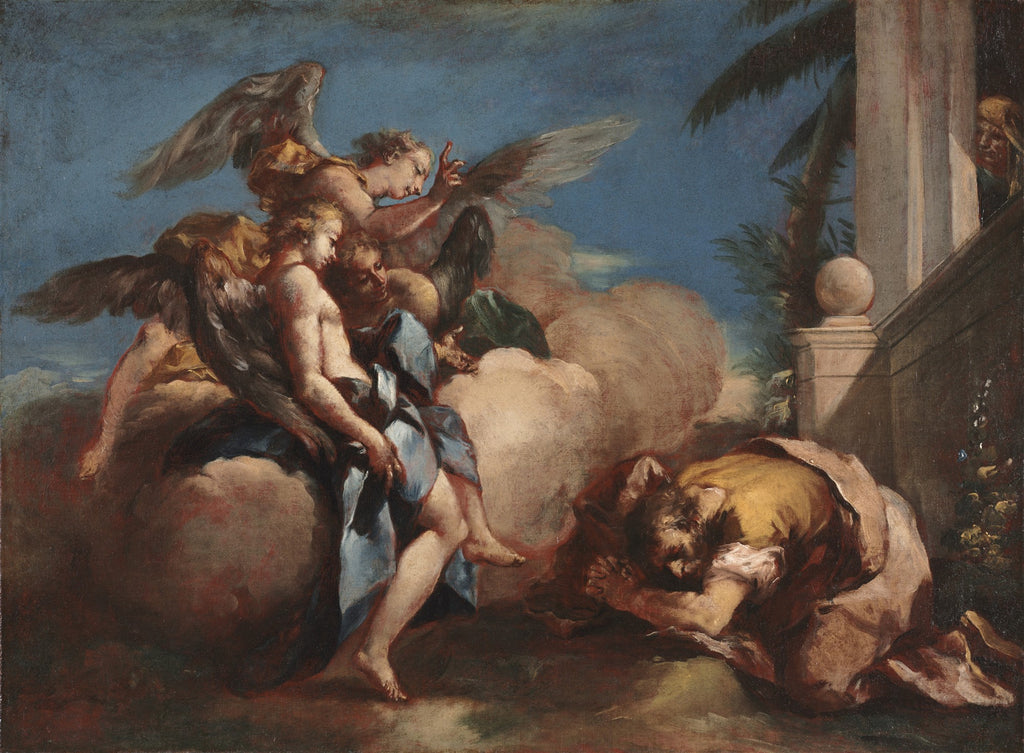 Pintura clássica "A Agonia no Horto" atribuída a Francesco Guardi, mostrando Jesus ajoelhado em oração sendo confortado por anjos celestiais em meio a nuvens.