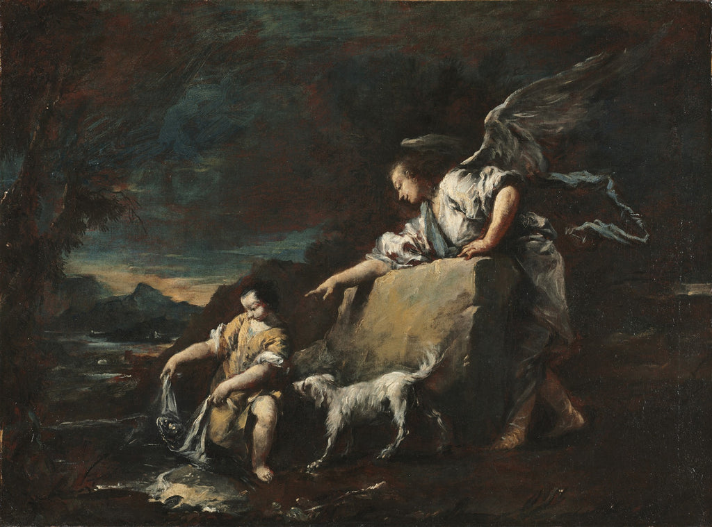 Pintura a óleo de Francesco Guardi, 'Tobias e o Anjo', mostrando um homem jovem sentado à beira da água com um peixe, enquanto um anjo alado com um cachorro o observa, apontando para longe. A cena é noturna e dramática, com céu escuro e montanhas ao fundo.