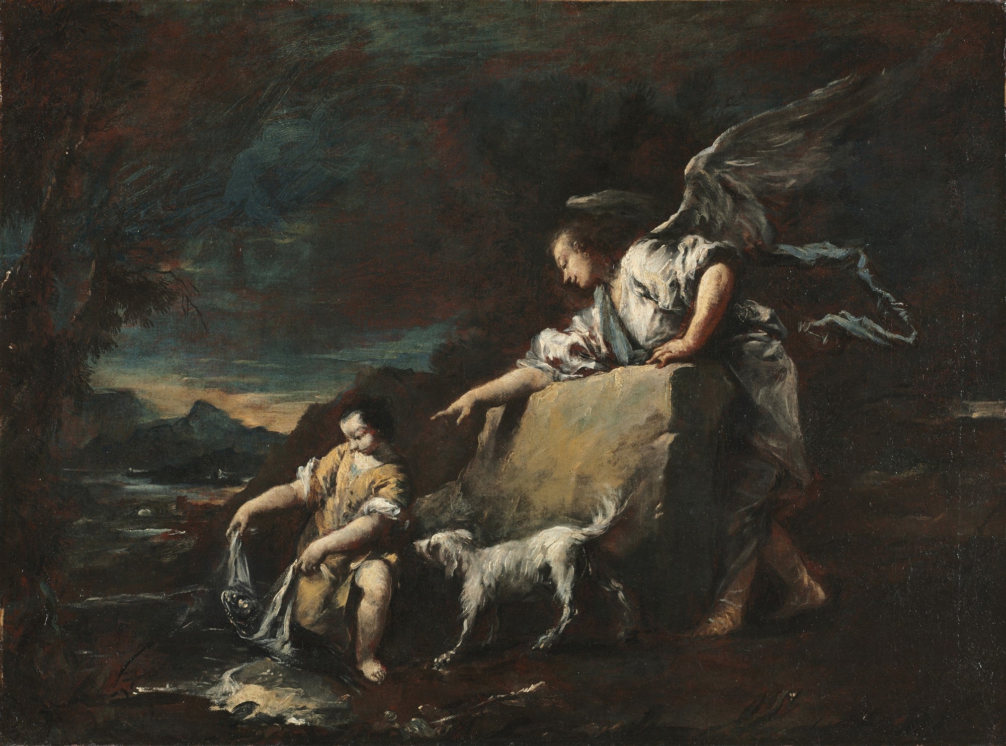 Pintura a óleo de Francesco Guardi, 'Tobias e o Anjo', mostrando um homem jovem sentado à beira da água com um peixe, enquanto um anjo alado com um cachorro o observa, apontando para longe. A cena é noturna e dramática, com céu escuro e montanhas ao fundo.