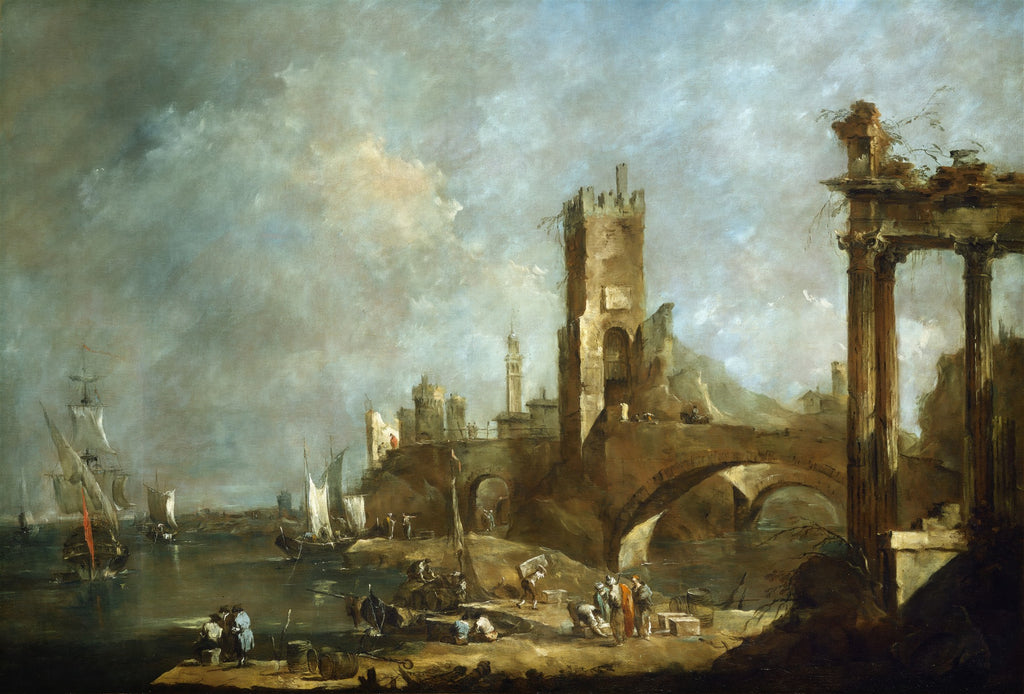 Pintura a óleo de Francesco Guardi retratando um porto movimentado com barcos e figuras, ladeado por ruínas clássicas imponentes e uma torre medieval sob um céu dramático e nublado.