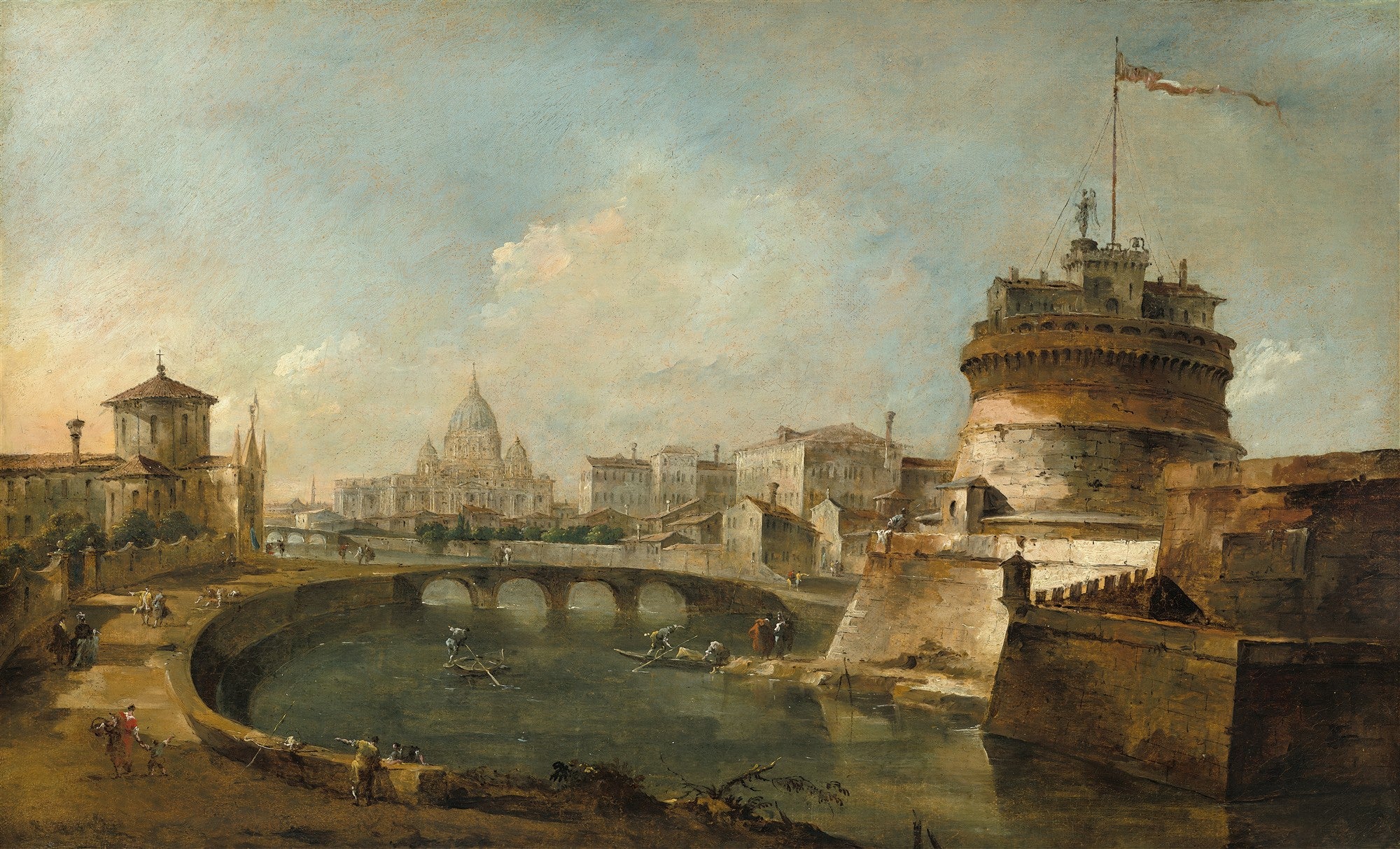Pintura a óleo de Francesco Guardi, "Vista de Roma com o Castelo Sant'Angelo". A imagem mostra o Castelo Sant'Angelo à direita, o rio Tibre com barcos e figuras, e ao fundo, a Basílica de São Pedro, sob um céu claro com nuvens esparsas.