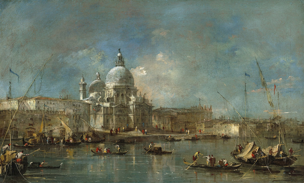 Pintura a óleo de Francesco Guardi, mostrando a Basílica de Santa Maria della Salute em Veneza, com gôndolas e barcos no Grande Canal sob um céu azul cinzento.