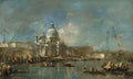 Pintura a óleo de Francesco Guardi, mostrando a Basílica de Santa Maria della Salute em Veneza, com gôndolas e barcos no Grande Canal sob um céu azul cinzento.