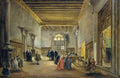 Uma pintura a óleo de Francesco Guardi retratando um grande salão veneziano com figuras em trajes do século XVIII, com tetos dourados e uma grande janela ao fundo.