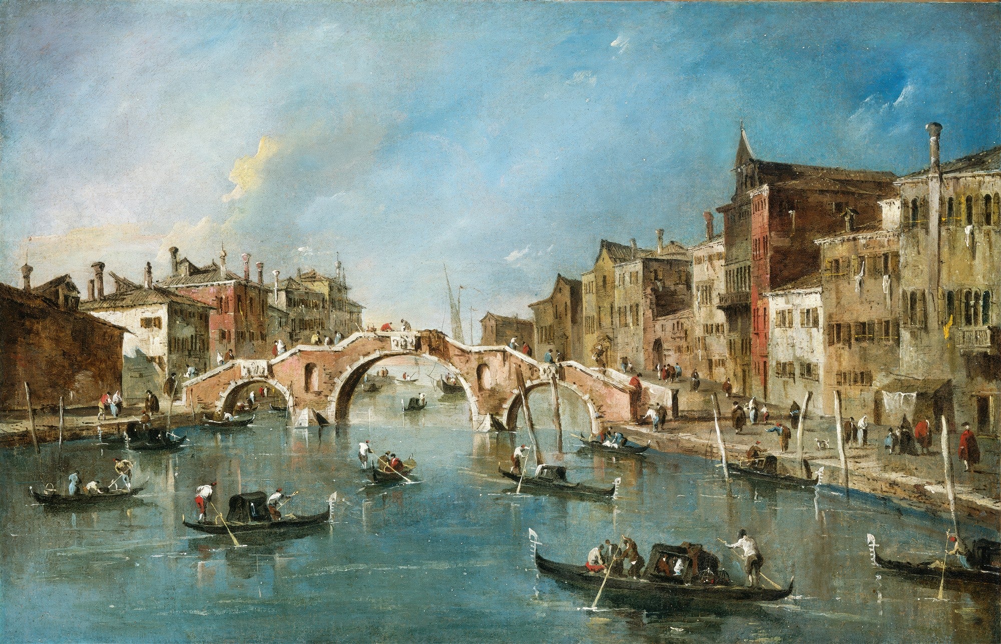 Pintura a óleo de um canal em Veneza, com pontes de arcos, edifícios históricos em tons terrosos e gôndolas com pessoas navegando sob um céu azul claro.