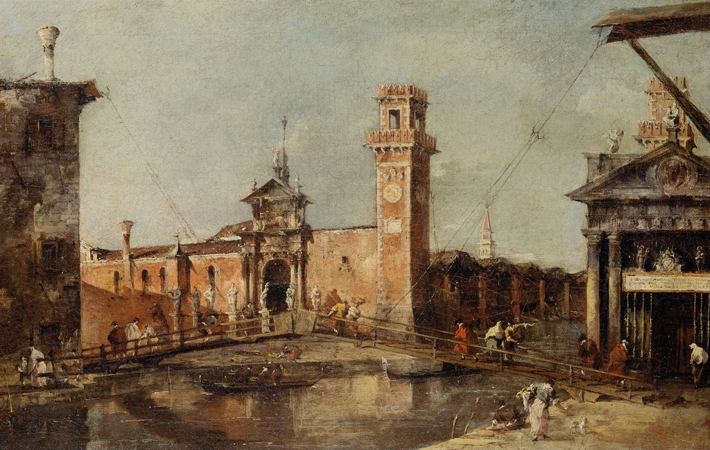 Quadro decorativo com vista urbana de Veneza no século XVIII, com edifícios de tijolo, torre do relógio, ponte de madeira sobre um canal e figuras humanas em atividade, sob um céu cinzento-azulado.